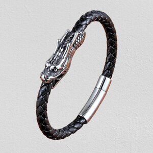 Retro Dragon Pattern Leather & Stainlees Steel Bracelet with Magnet Clasp